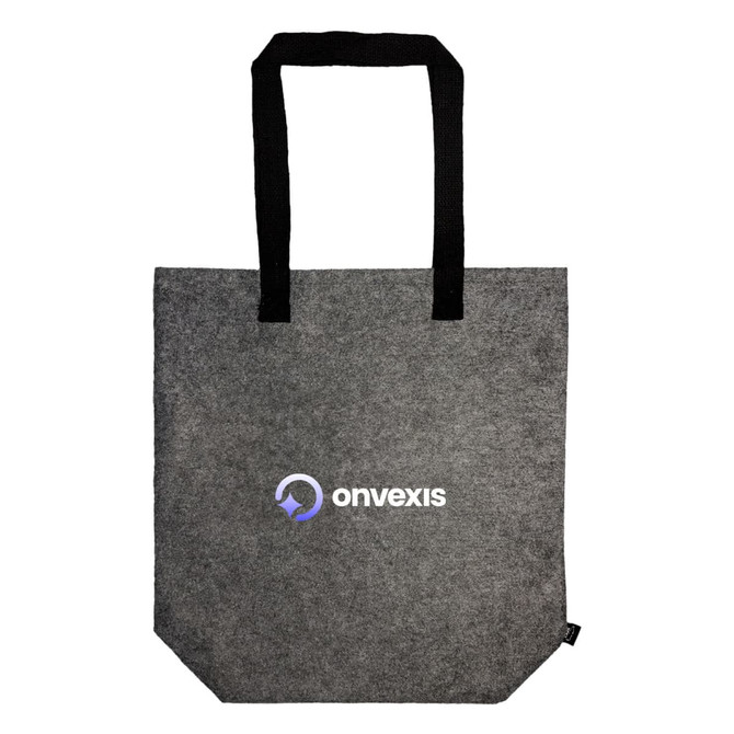 A grey tote bag with black handles and a logo on the front. Ideal for carrying various items.