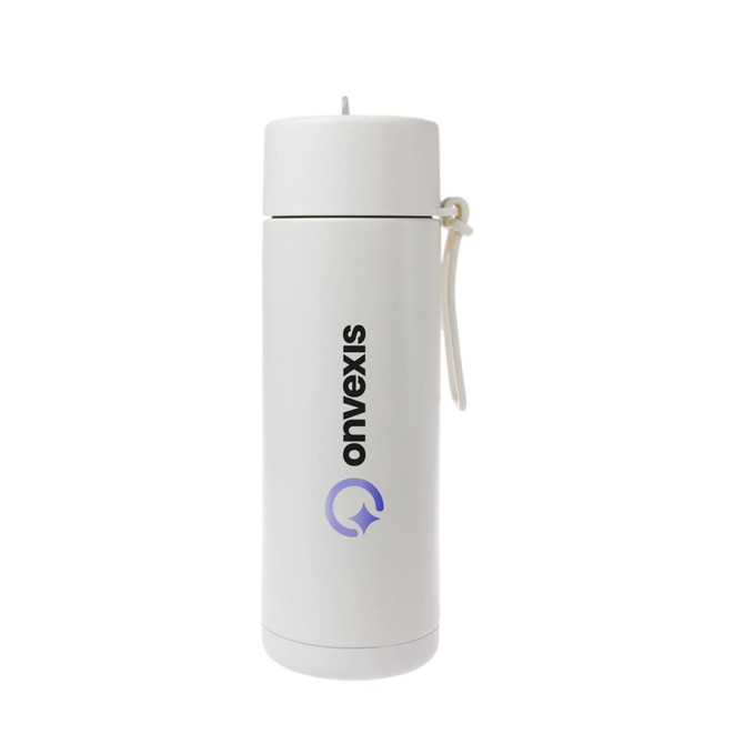 A white insulated drink bottle with a logo and a convenient carrying strap.