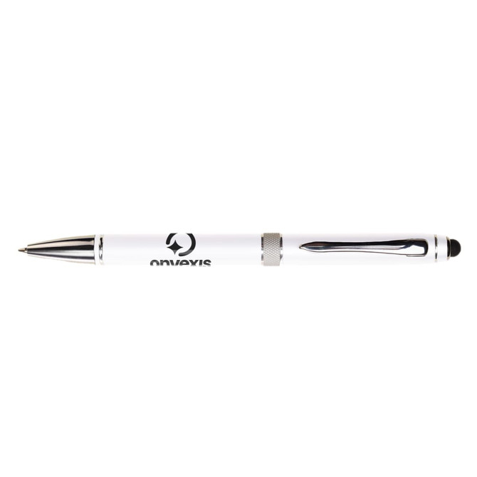 A white pen with a black grip and silver accents, featuring a logo on the barrel.