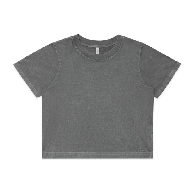 A heavy crop tee in stone wash grey with a relaxed fit and short sleeves. It features a branding logo.