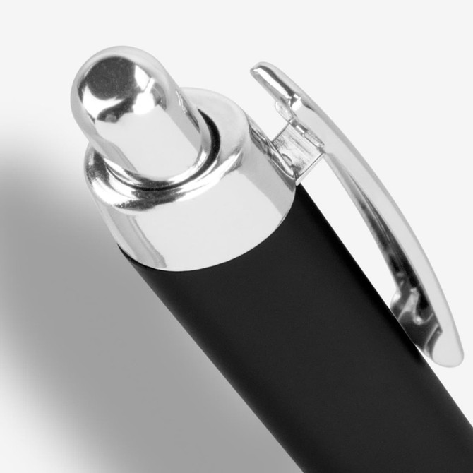 A metal pen with a glossy silver clip and a sleek black barrel, featuring a logo near the top.