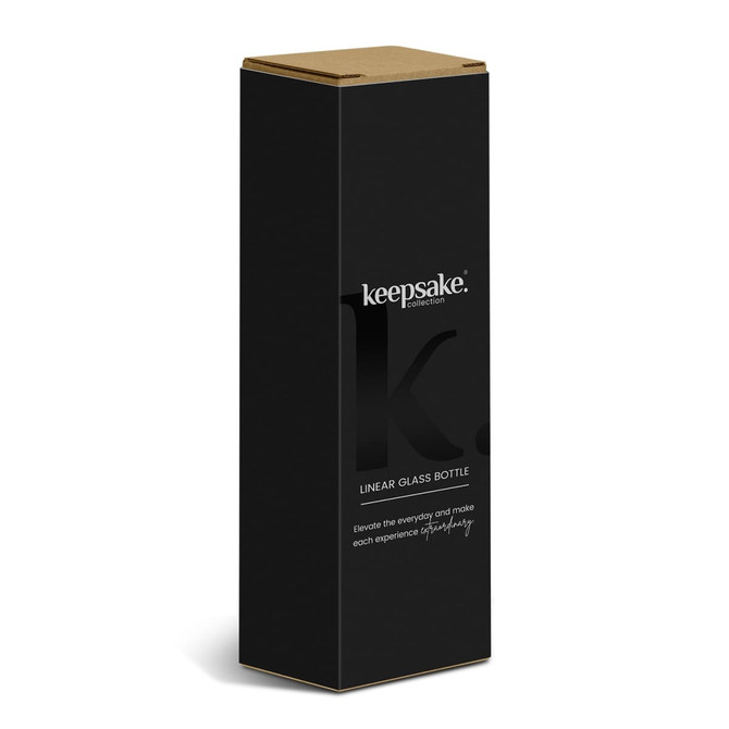 A drink bottle in a sleek black box featuring a logo, designed for keeping beverages.