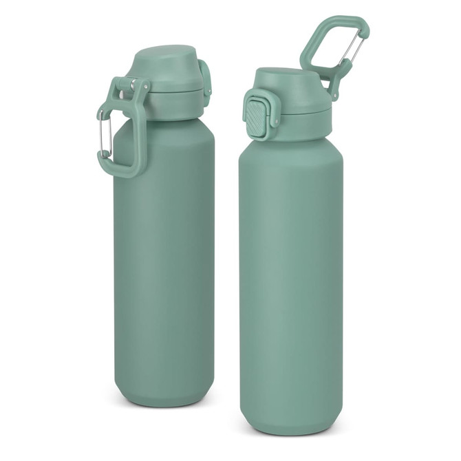 A drink bottle in a soft green hue with a screw-on lid and a sturdy handle, featuring a logo.