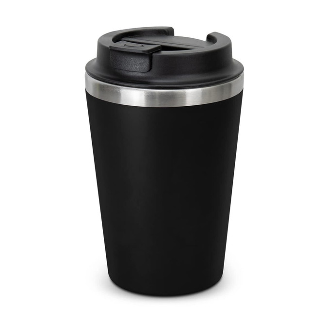 A black coffee cup with a stainless steel band and a black lid. It features a logo on the side.