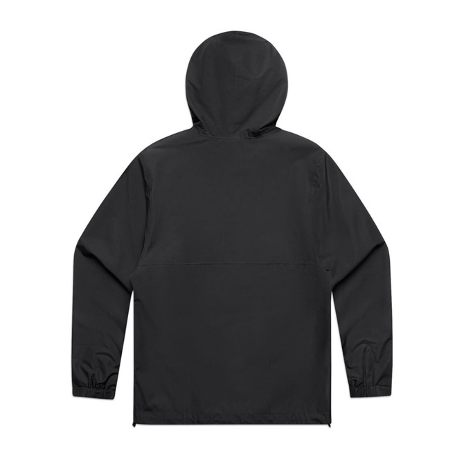 A black windbreaker jacket with a hood and elastic cuffs, featuring a plain design and a logo.