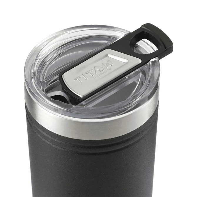 A drink bottle in black with a clear lid and a silver metal accent, featuring a logo on the lid.