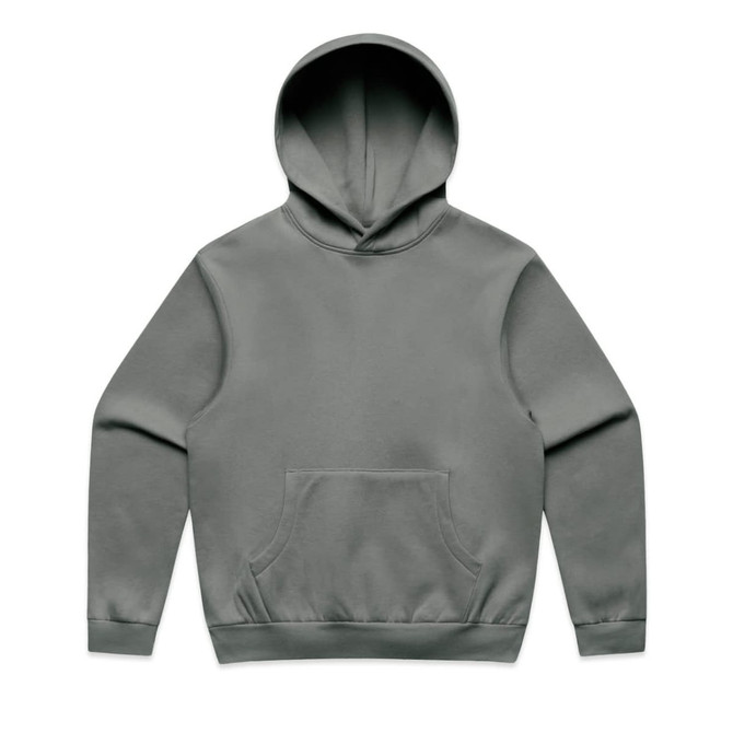 A grey hoodie with a front pocket and a hood. The garment has a simple design and features a logo.