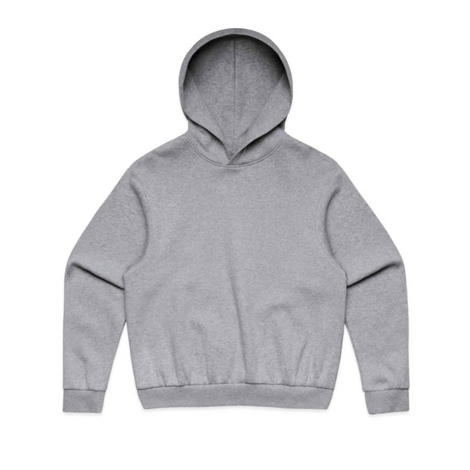 A grey jumper with a hood, featuring a fitted waistband and long sleeves. Includes a logo.