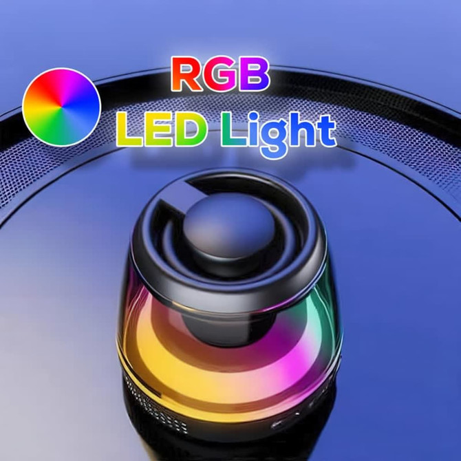 A Bluetooth speaker stand with RGB LED light, featuring a sleek design and vibrant colours. It includes branding.