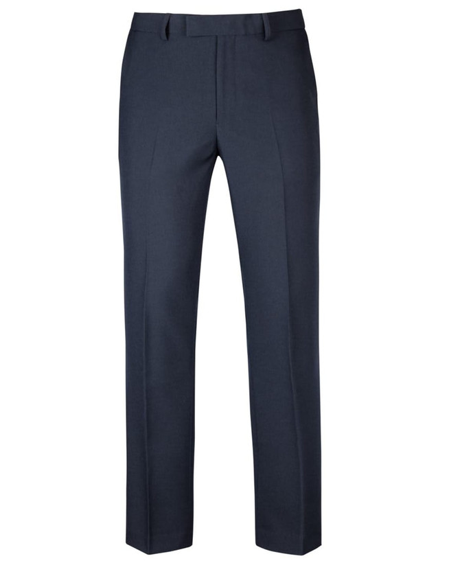 A pair of dark navy trousers featuring a sleek, straight leg design and a logo on the waistband.