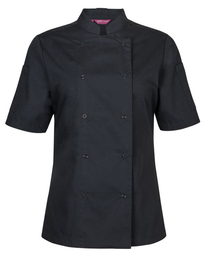 A black ladies short sleeve chefs jacket featuring snap buttons and a collar. Includes a logo on the garment.