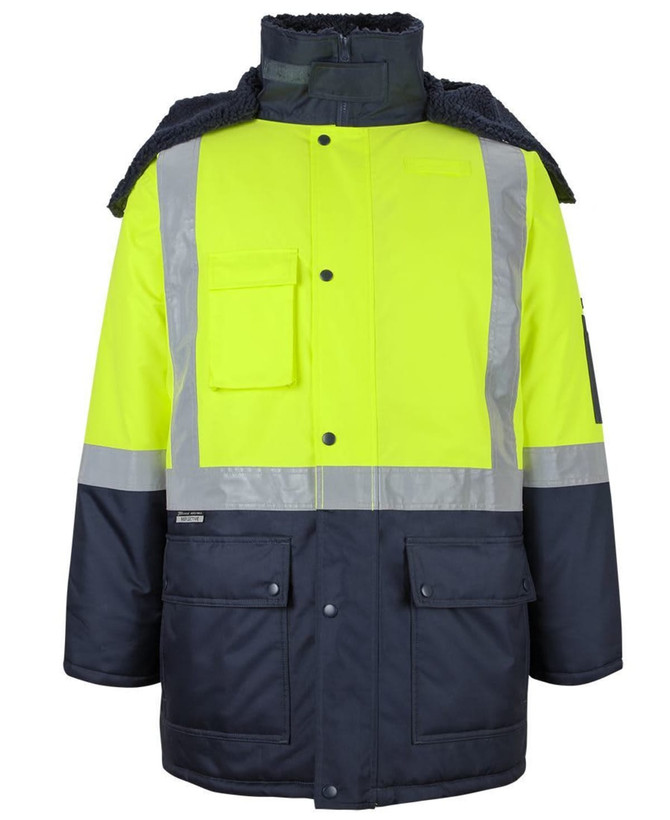 A lime and navy freezer jacket featuring reflective strips and a hood, with a logo on the sleeve.