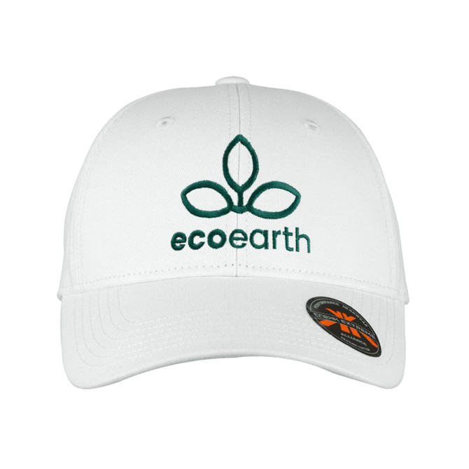 A white cotton twill cap featuring an embroidered logo in green. The cap has a curved brim and adjustable back.