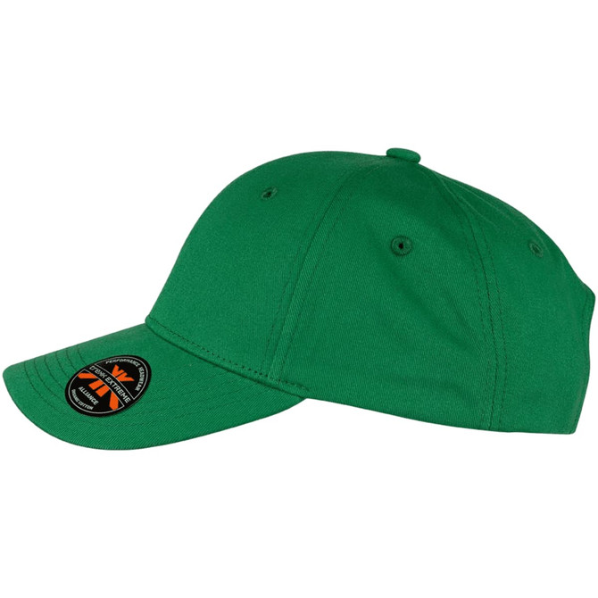 A green organic cotton twill cap with a curved brim and a logo on the side.