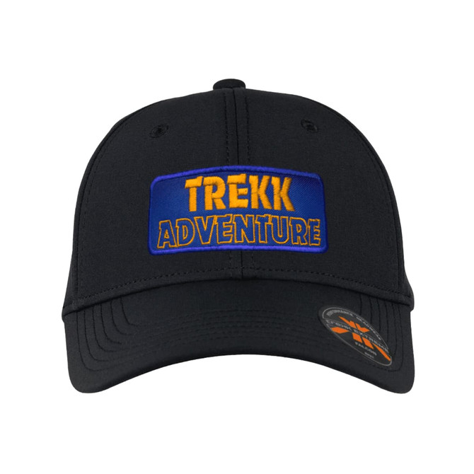 A black cap featuring a blue patch with yellow text and a logo on the side.