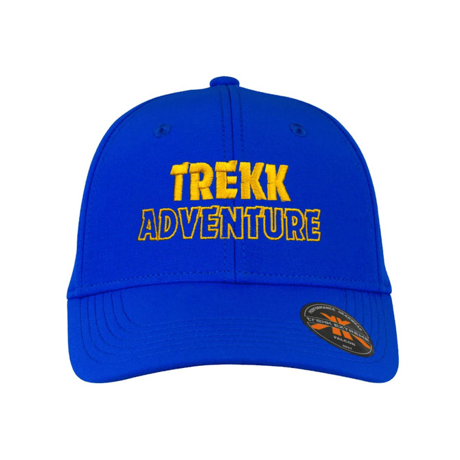 A blue cap featuring yellow embroidered text and a logo on the front.