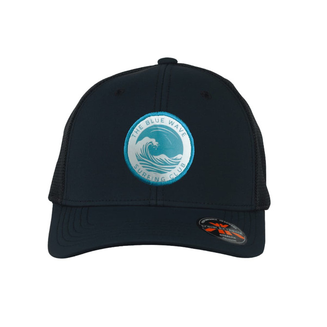 A dark navy cap with a mesh back featuring a circular logo of a wave and text.