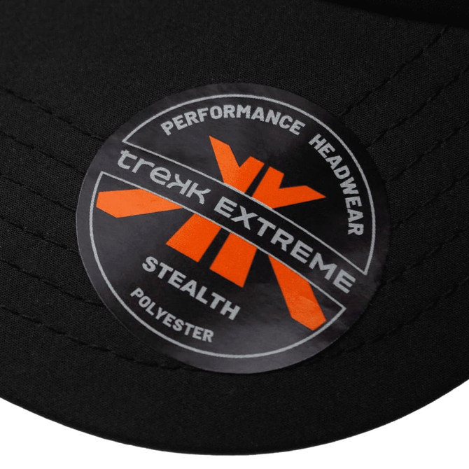 A black cap featuring a circular logo, labelled as "Stealth Mesh Flex Cap" with performance headwear branding.