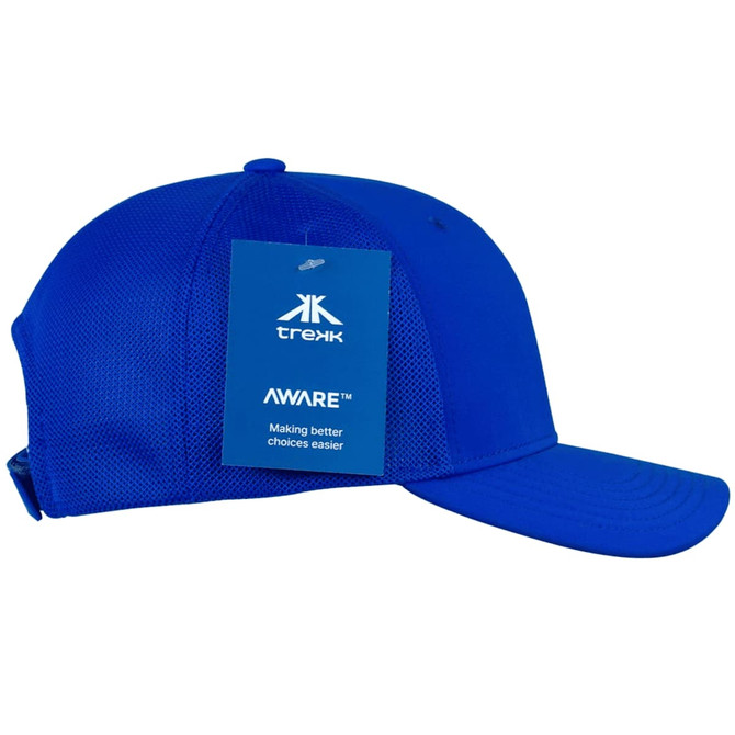 A blue mesh cap with a curved visor and an adjustable back, featuring a logo and tag.