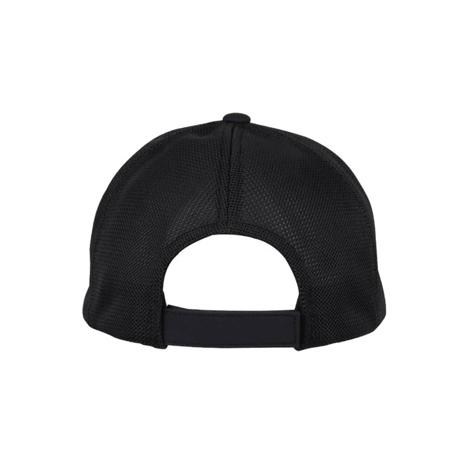 A black mesh cap featuring a curved brim and adjustable back. It has a logo on the front.