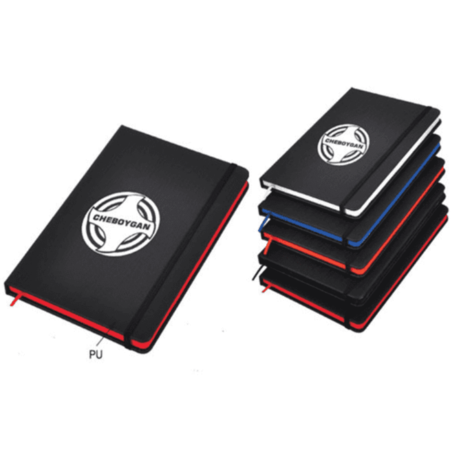 A set of notebooks in black, blue, and red, featuring a logo on the front cover. Each notebook has a contrasting edge.