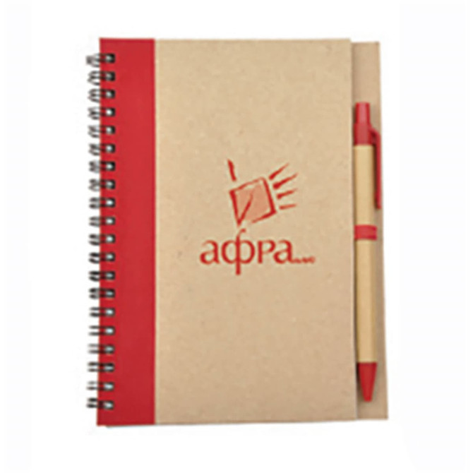 A spiral-bound notebook with a brown cover and a red accent, accompanied by a matching pen. The notebook features a logo.