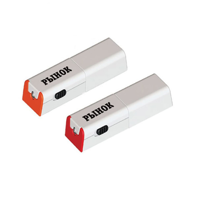 Two compact mobile stands in silver with red accents, featuring a built-in light and screen cleaner.