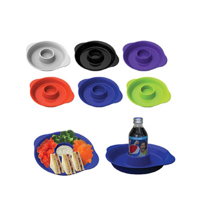 A set of colourful trays in white, black, red, blue, purple, and green, with one tray holding food and a drink bottle.