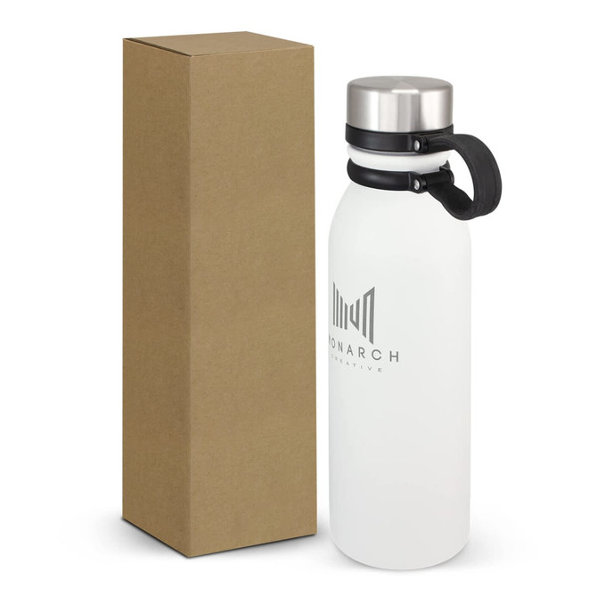 A drink bottle in white with a stainless steel lid, packaged in a brown cardboard box. The bottle features a logo.