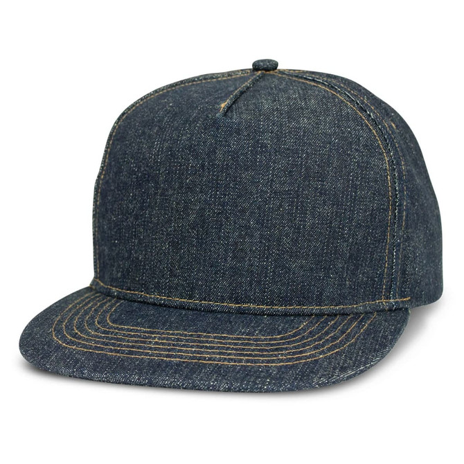 A denim flat peak cap in dark blue with contrasting stitching and a structured design, featuring a logo.