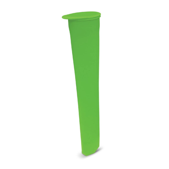 A green Pop Ice Block Mould with a tapered design, featuring a round opening at the top and a logo.