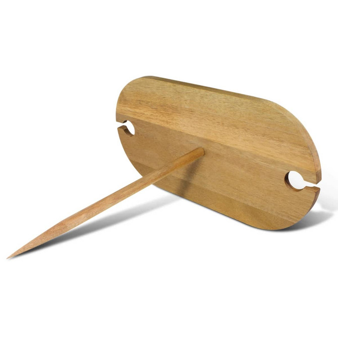 A wooden picnic serving board with a tapered stake, featuring a smooth finish and a rounded design.