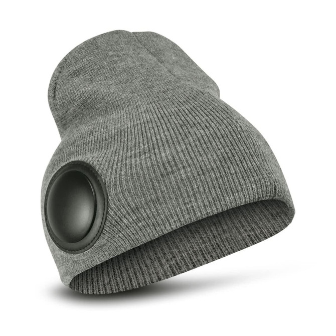 A grey Bluetooth beanie featuring a large circular speaker on the side and a ribbed texture.