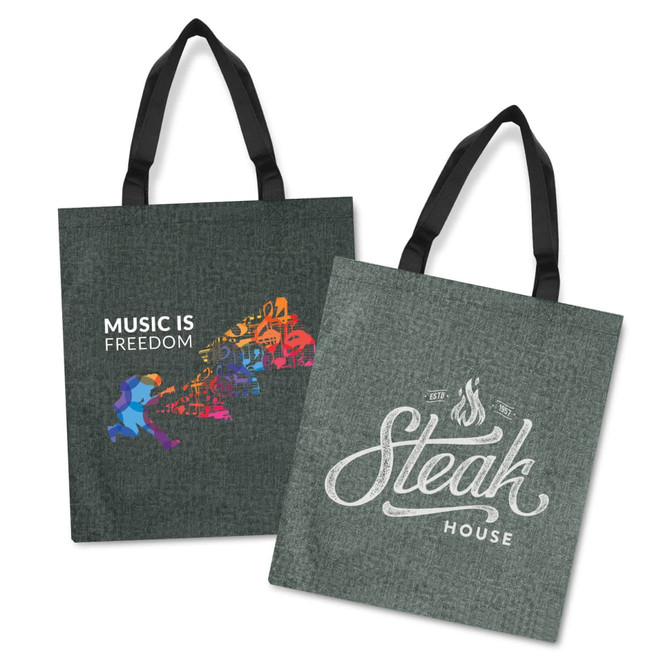 A green tote bag with black handles featuring colourful music-themed graphics on one side and "Steak House" on the other.