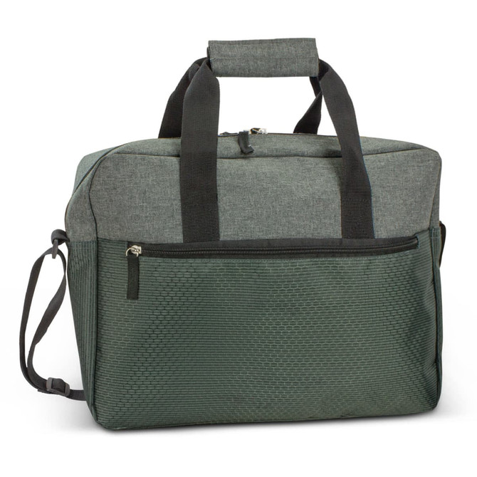 A grey and green business satchel with a textured lower section and top handles. It features a shoulder strap and a zippered pocket.