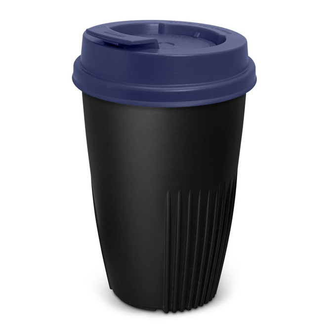 A drink bottle featuring a black body and a blue lid, with a ribbed design and a branding logo.