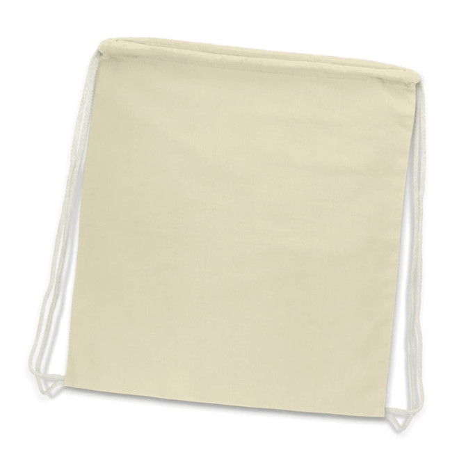 A natural beige cotton drawstring backpack with white drawstrings and a simplistic design.