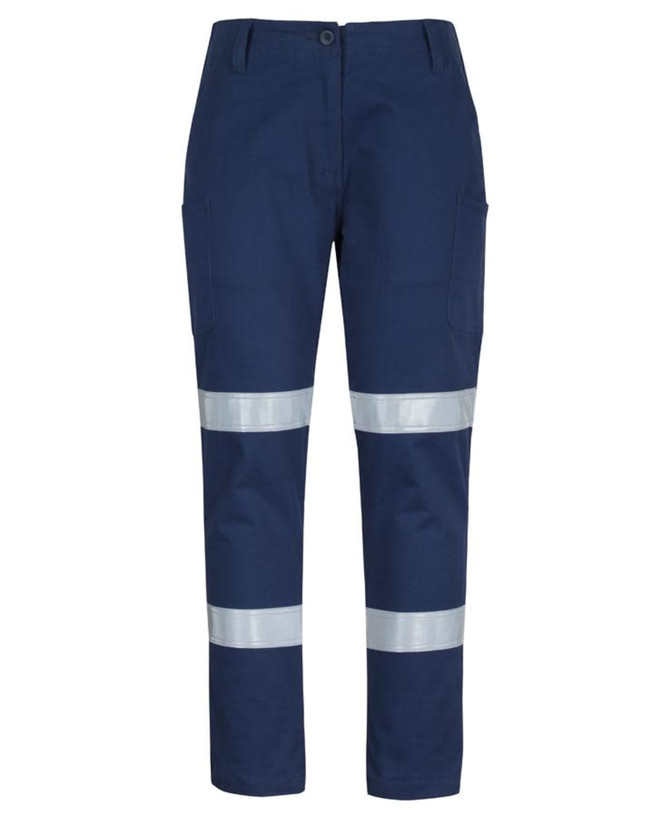 Navy cargo pants featuring reflective D+N tape, multiple pockets, and a button closure. Includes branding.