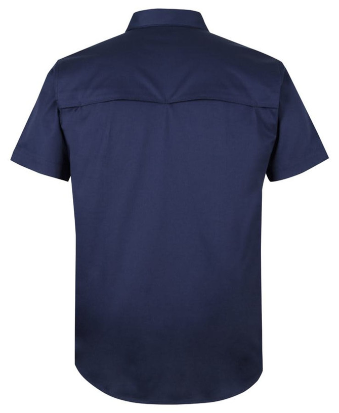 A navy blue short-sleeved work shirt with a close front, featuring a smooth back design and a logo.