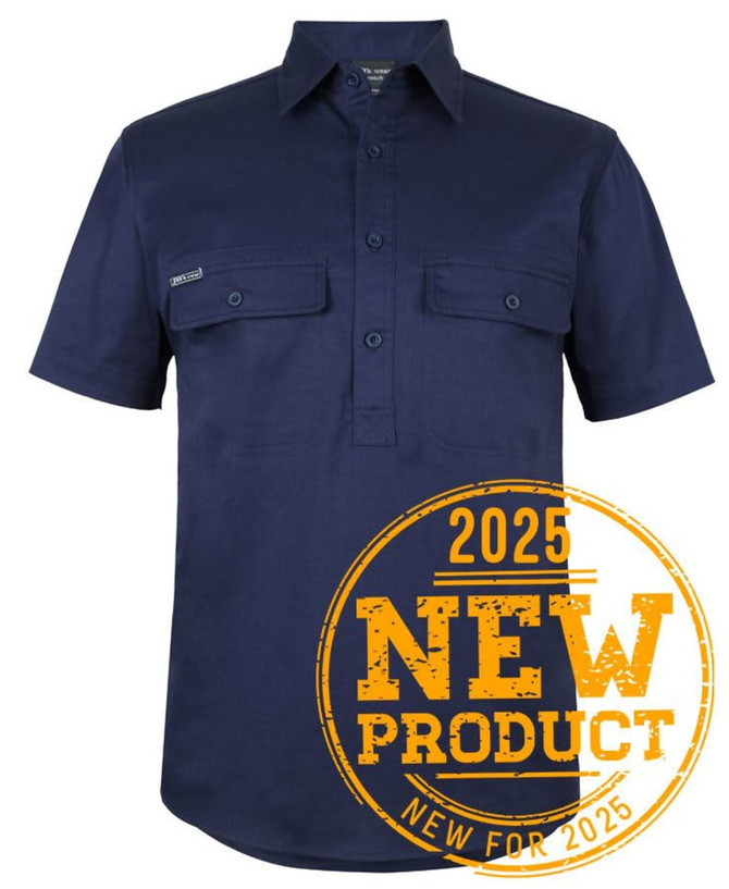 A navy short-sleeved work shirt with a close front design and two chest pockets, featuring a logo.