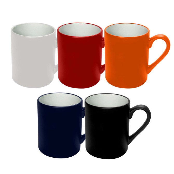 A set of five coffee mugs in white, red, orange, navy, and black, featuring handles and a logo.