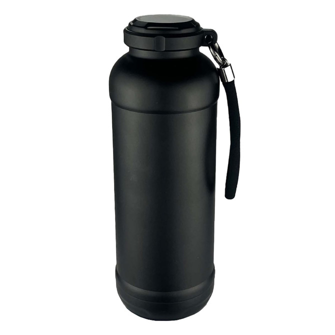 A drink bottle in matte black featuring a screw-top lid and a carrying strap. It has a logo on the side.