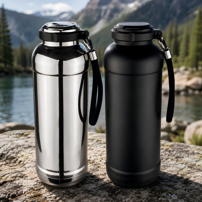 A drink bottle set featuring a shiny silver and a matte black design, both with a carrying strap and lid.