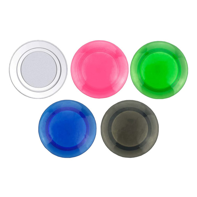 A set of five plastic button magnets in clear, pink, green, blue, and black colours. Each has a circular shape.