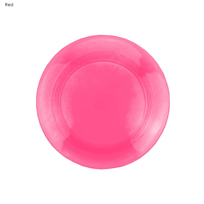 A round, bright pink plastic button magnet with a smooth surface and a flat back.