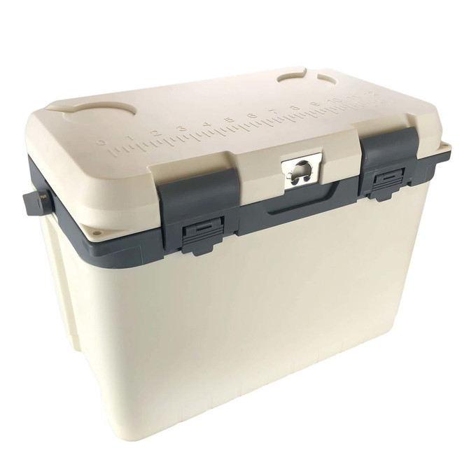 A cream and grey cooler box with a secure latch and measuring gauge on the lid. It features a logo on the side.