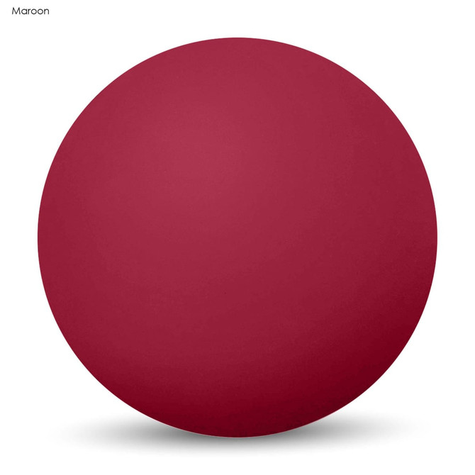 A maroon high bounce ball with a smooth surface and a round shape, featuring a logo.