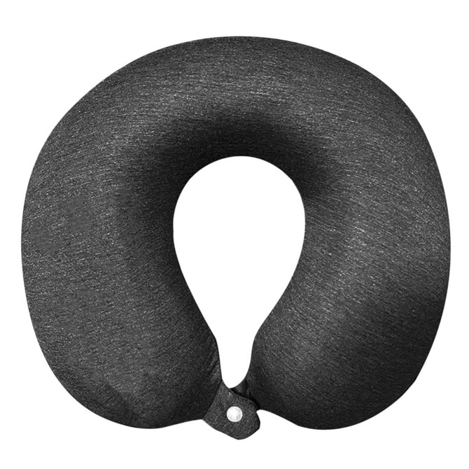 A dark grey memory neck pillow with a U-shaped design and a button closure. It has a soft texture and a simple branding logo.
