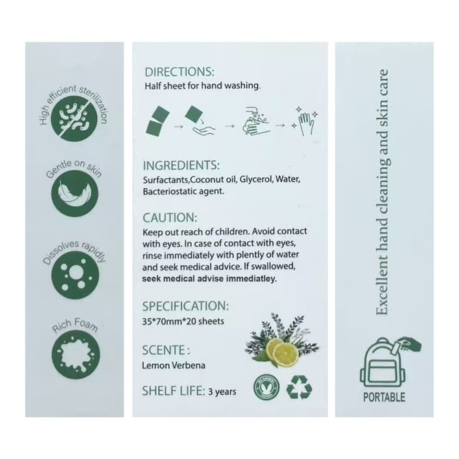 A promotional product featuring travel paper soap sheets in green packaging, with instructions and ingredient details.
