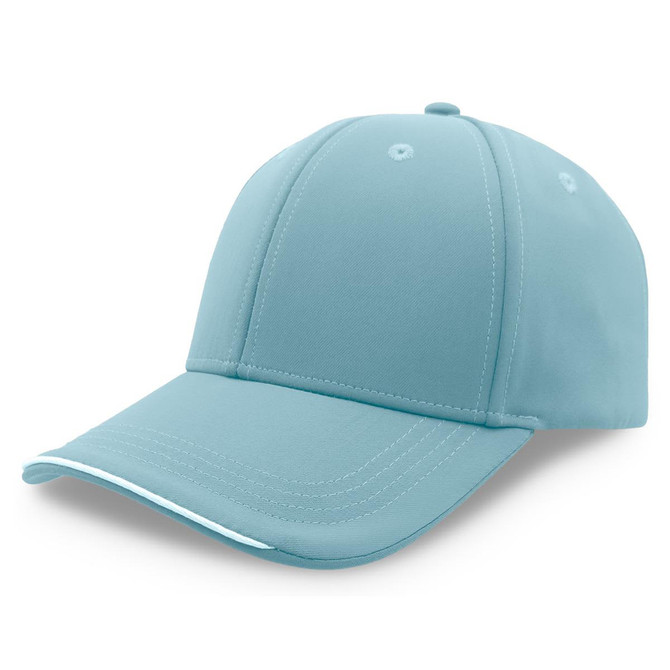 A light blue cap with a curved brim, featuring a logo on the front and contrasting stitching details.